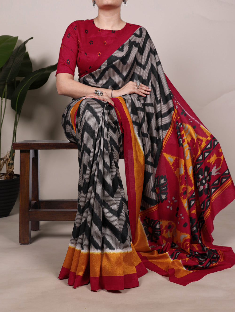 Black printed tasar silk saree with matching blouse