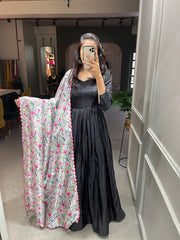 Black Color Plain Dola Silk Gown