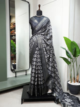 Black Color Printed With Zari Border Dola Silk Saree