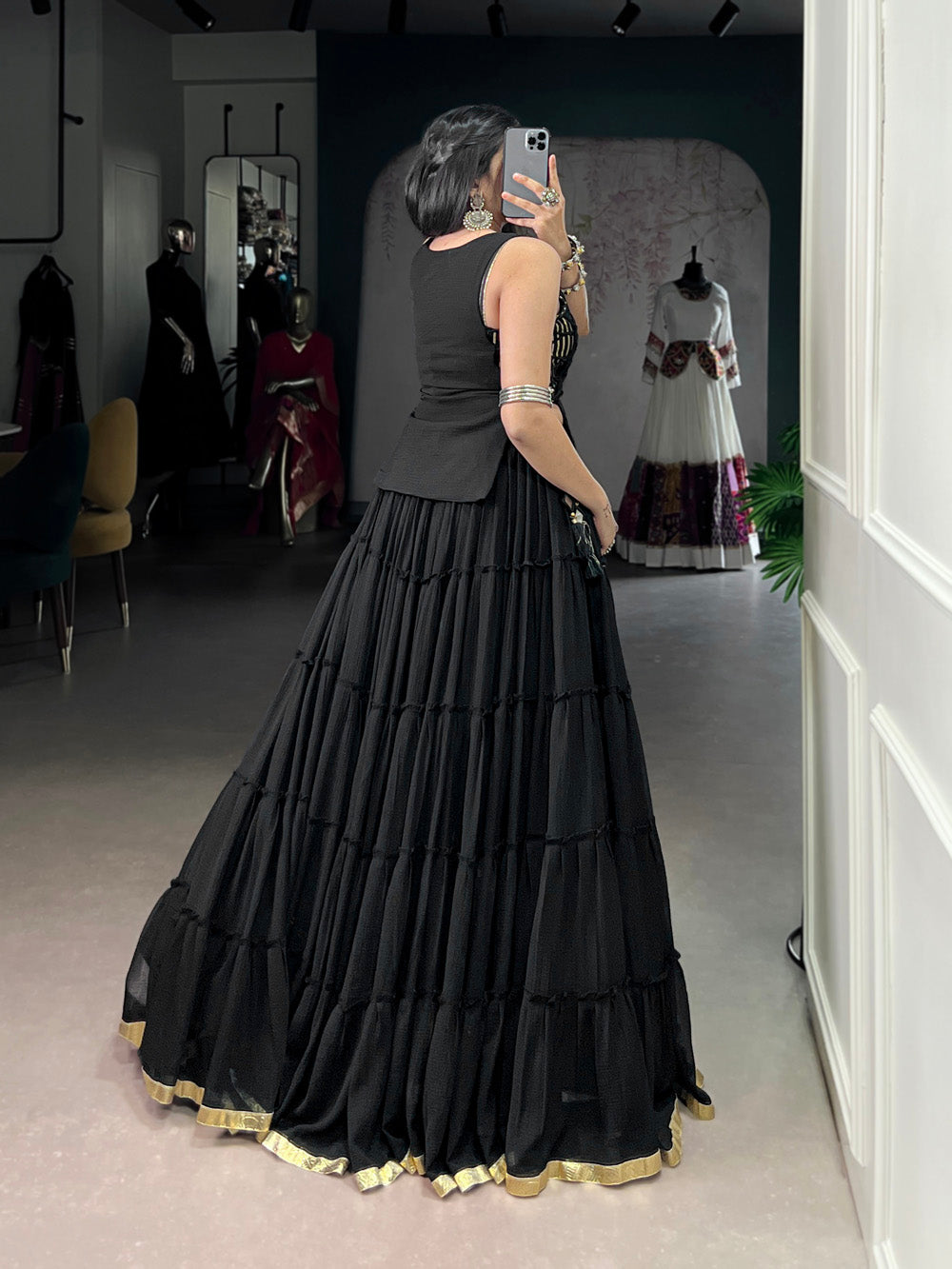 Black color embossed design lace border marbel chaniya choli