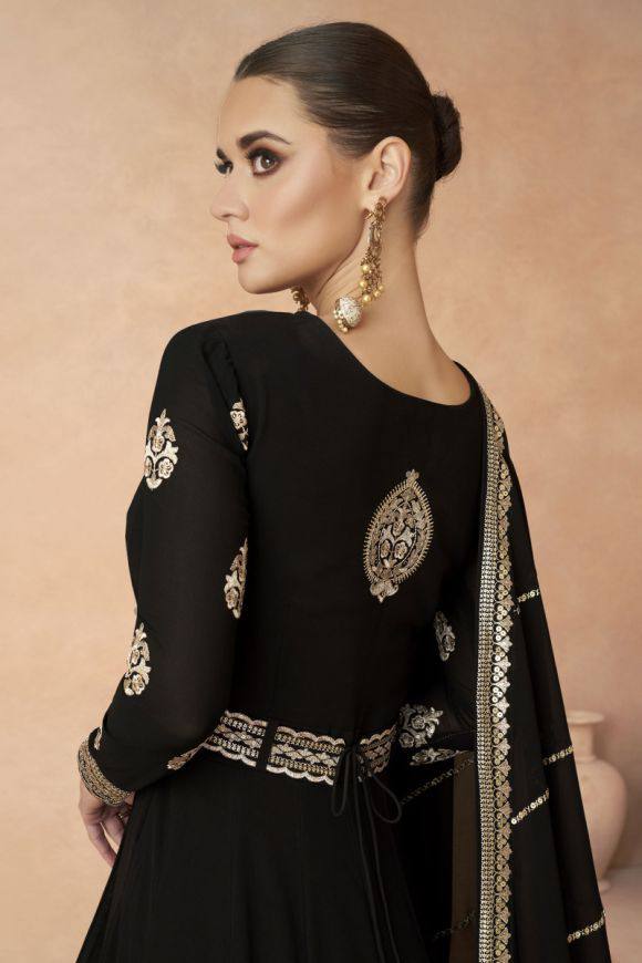 Black Color Exquisitely Embroidered Faux Georgette Gown with Matching Belt and Dupatta