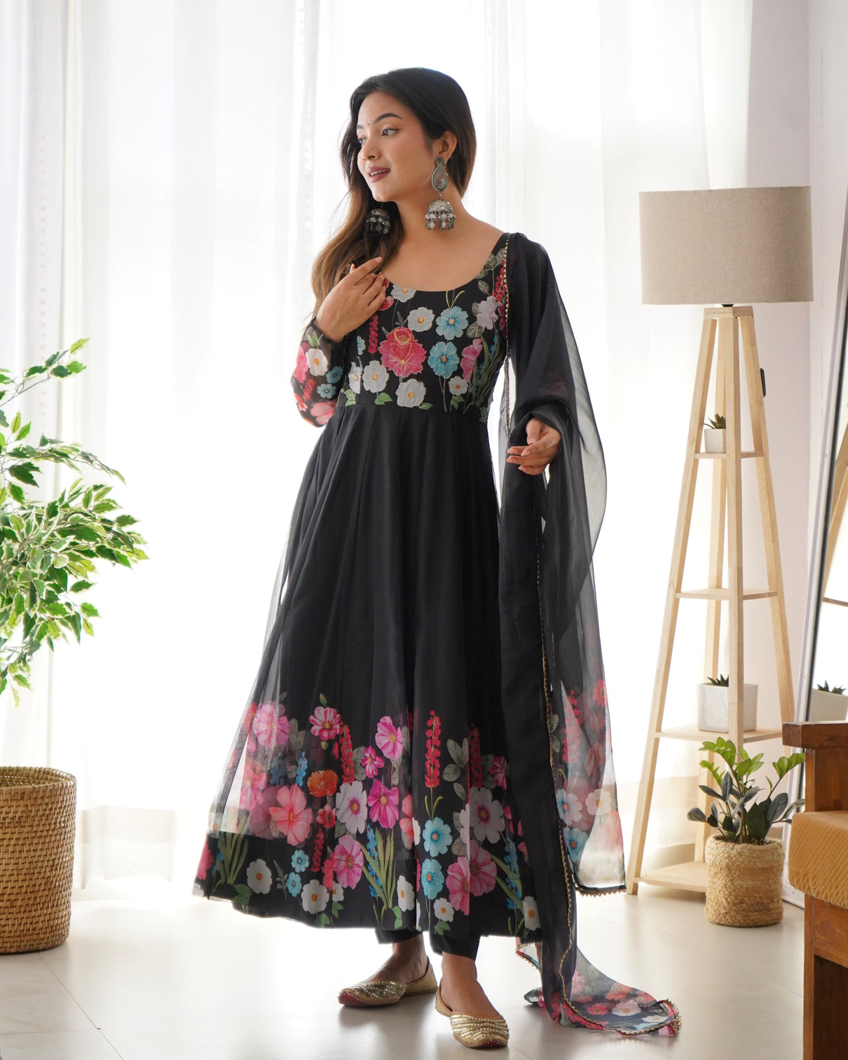 Black Color Floral Organza Anarkali Suit Set for Festivals & Weddings