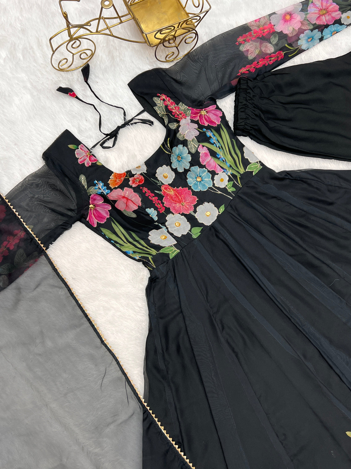 Black Color Floral Organza Anarkali Suit Set for Festivals & Weddings