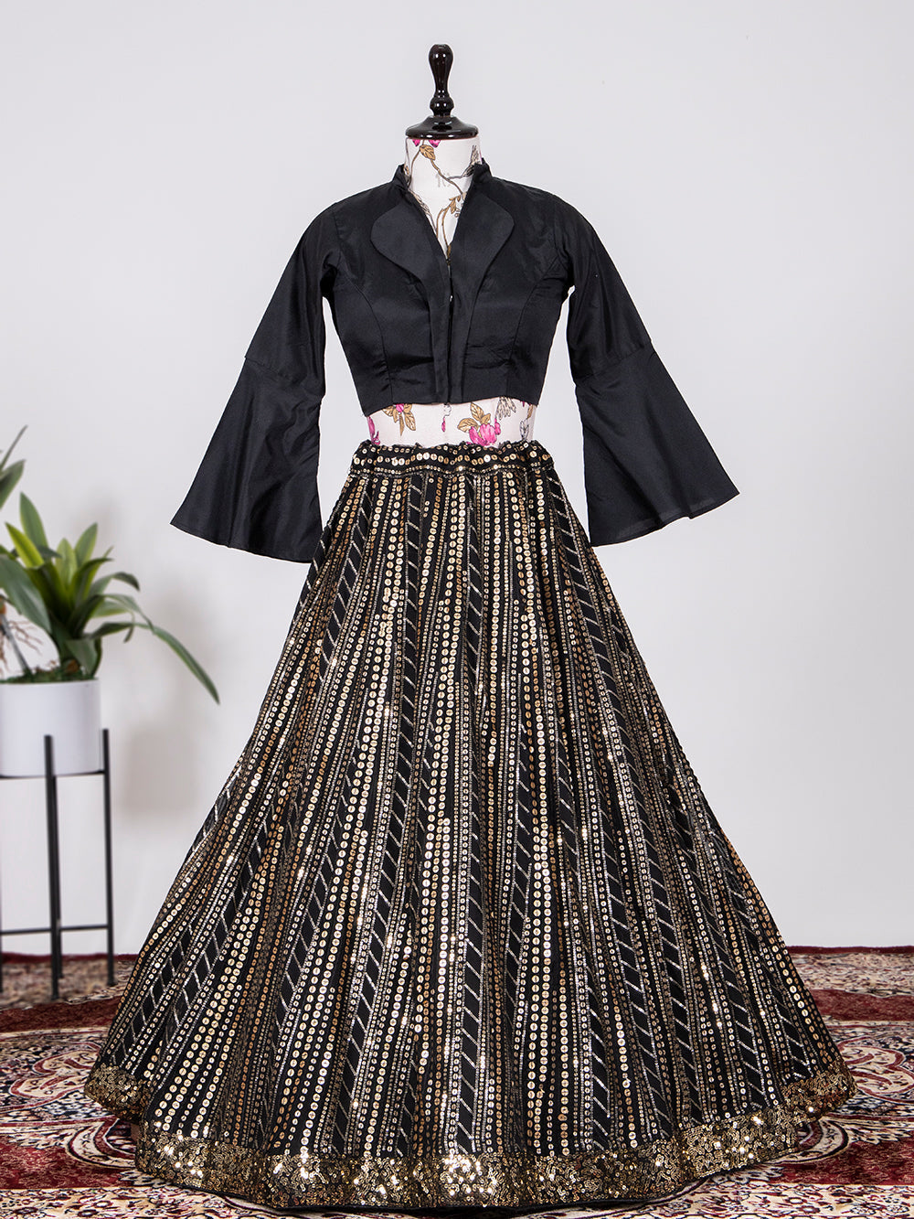 Black Color Sequins And Thread Embroidery Work Georgette Lehenga Choli