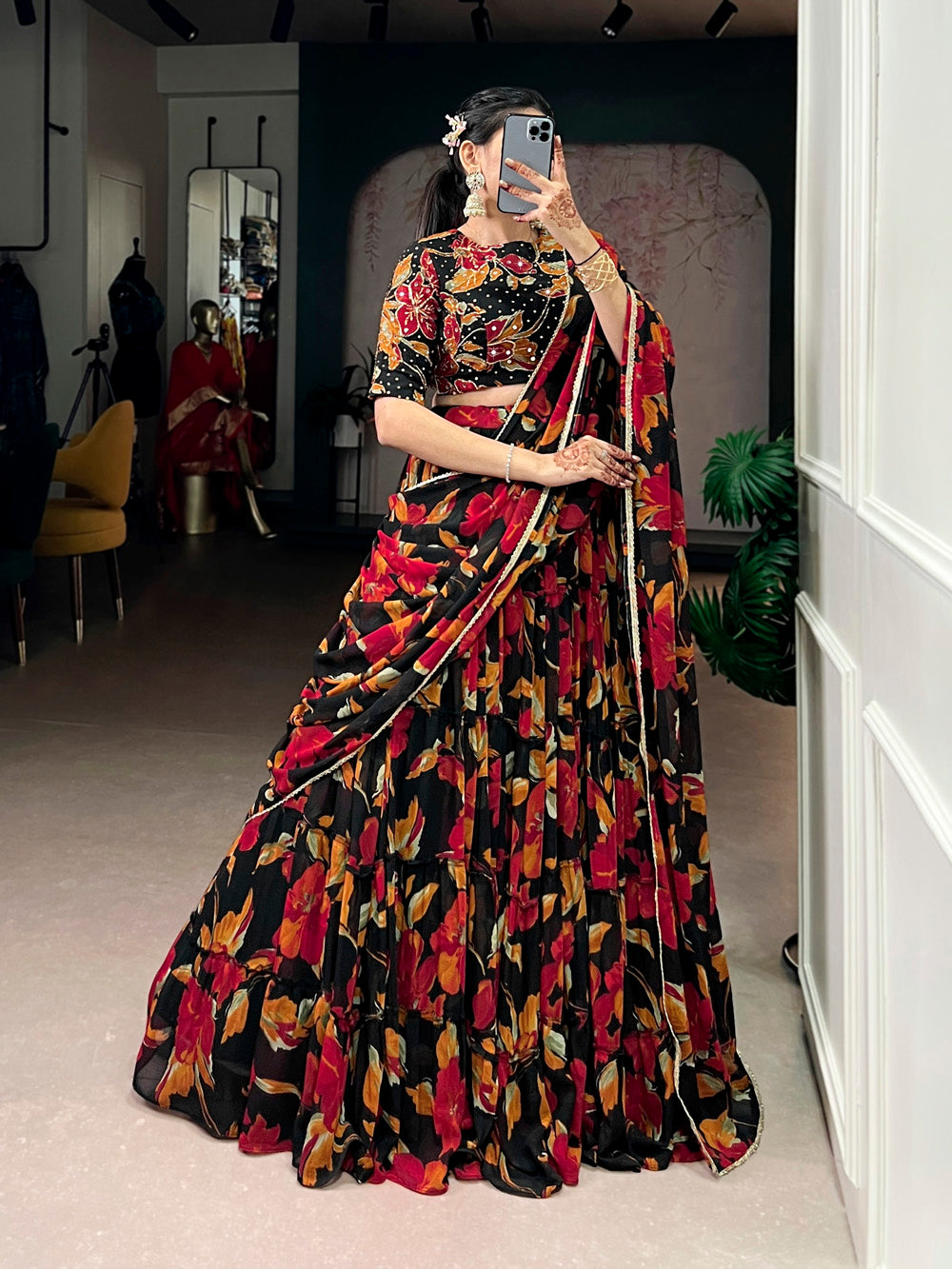 Black floral printed marble lehenga choli with lace dupatta