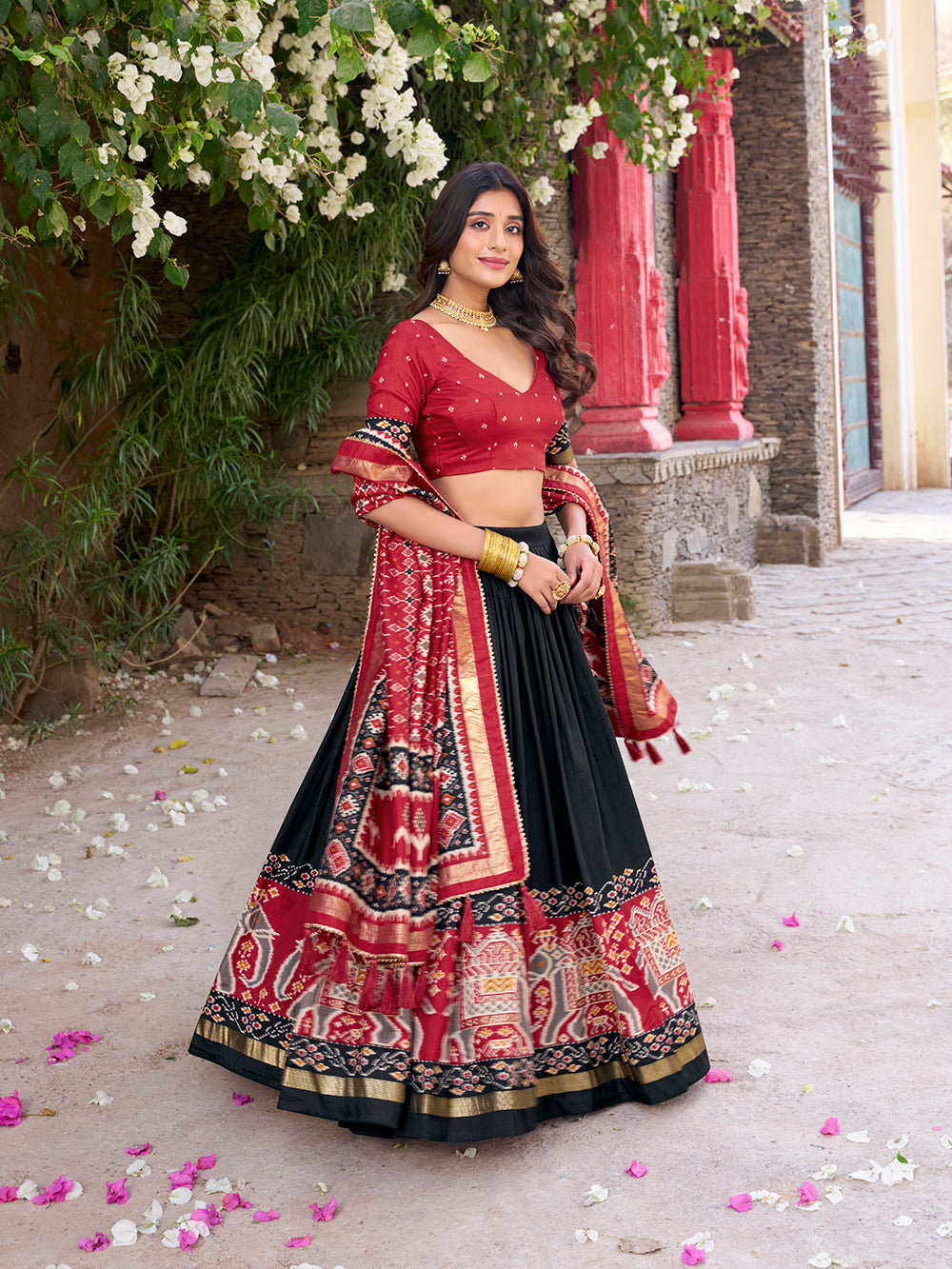 Black color patola printed tasar silk lehenga choli