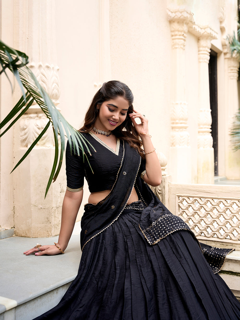 Classic black chanderi silk lehenga choli with zari weaving matching dupatta
