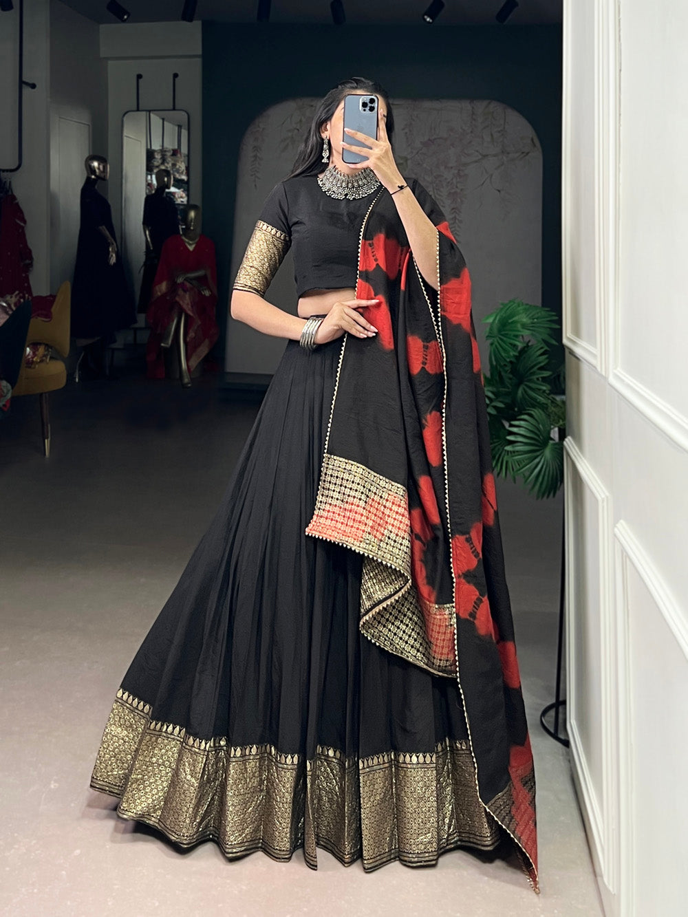 Black color zari weaving work chanderi chaniya choli