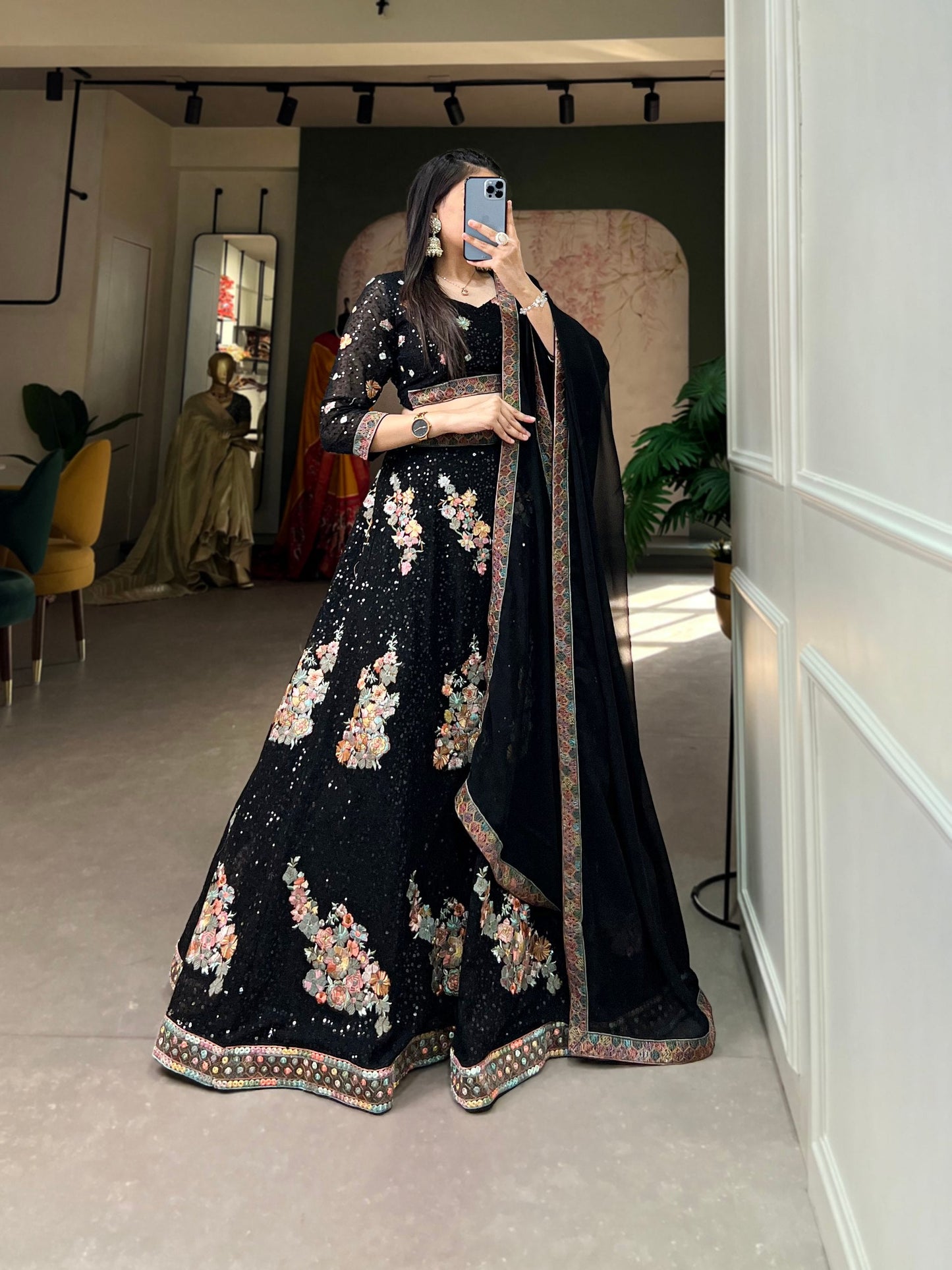 Black Sequined Splendor: Bridal Lehenga Choli Set in Exquisite Embroidery