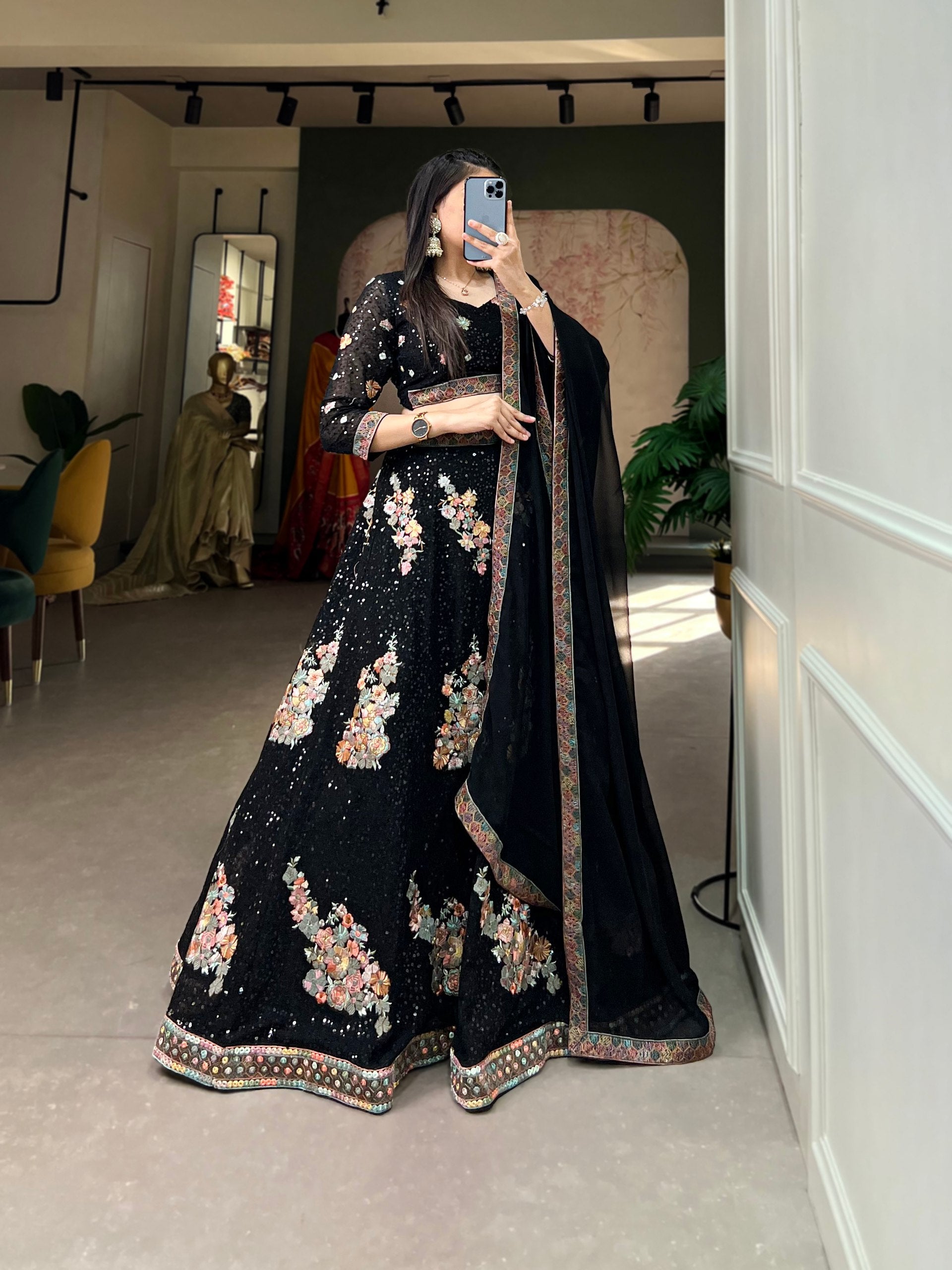 Black Sequined Splendor: Bridal Lehenga Choli Set in Exquisite Embroidery