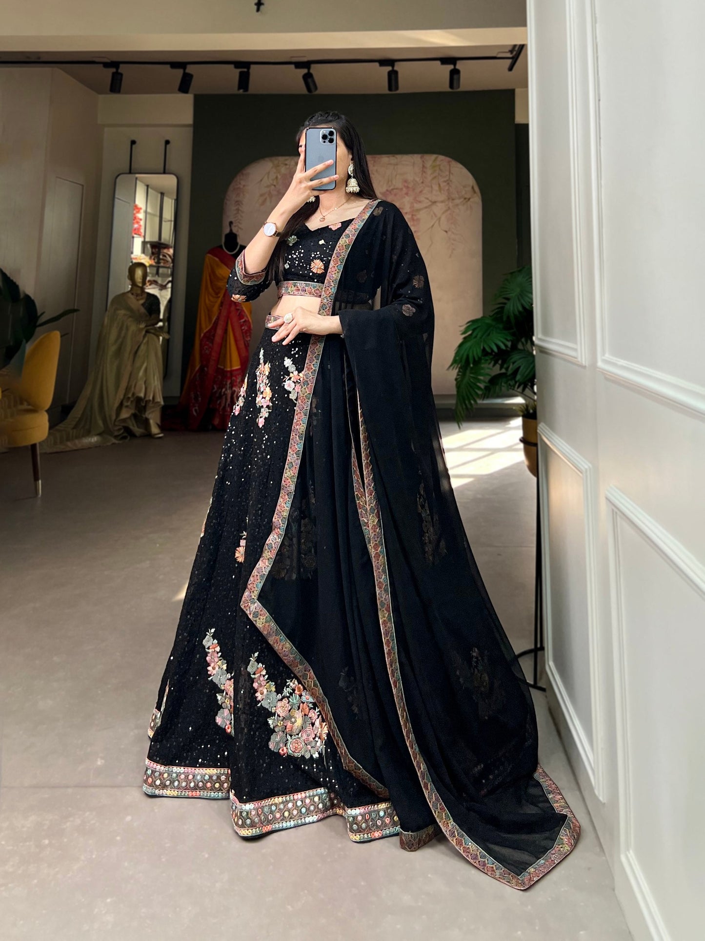 Black Sequined Splendor: Bridal Lehenga Choli Set in Exquisite Embroidery