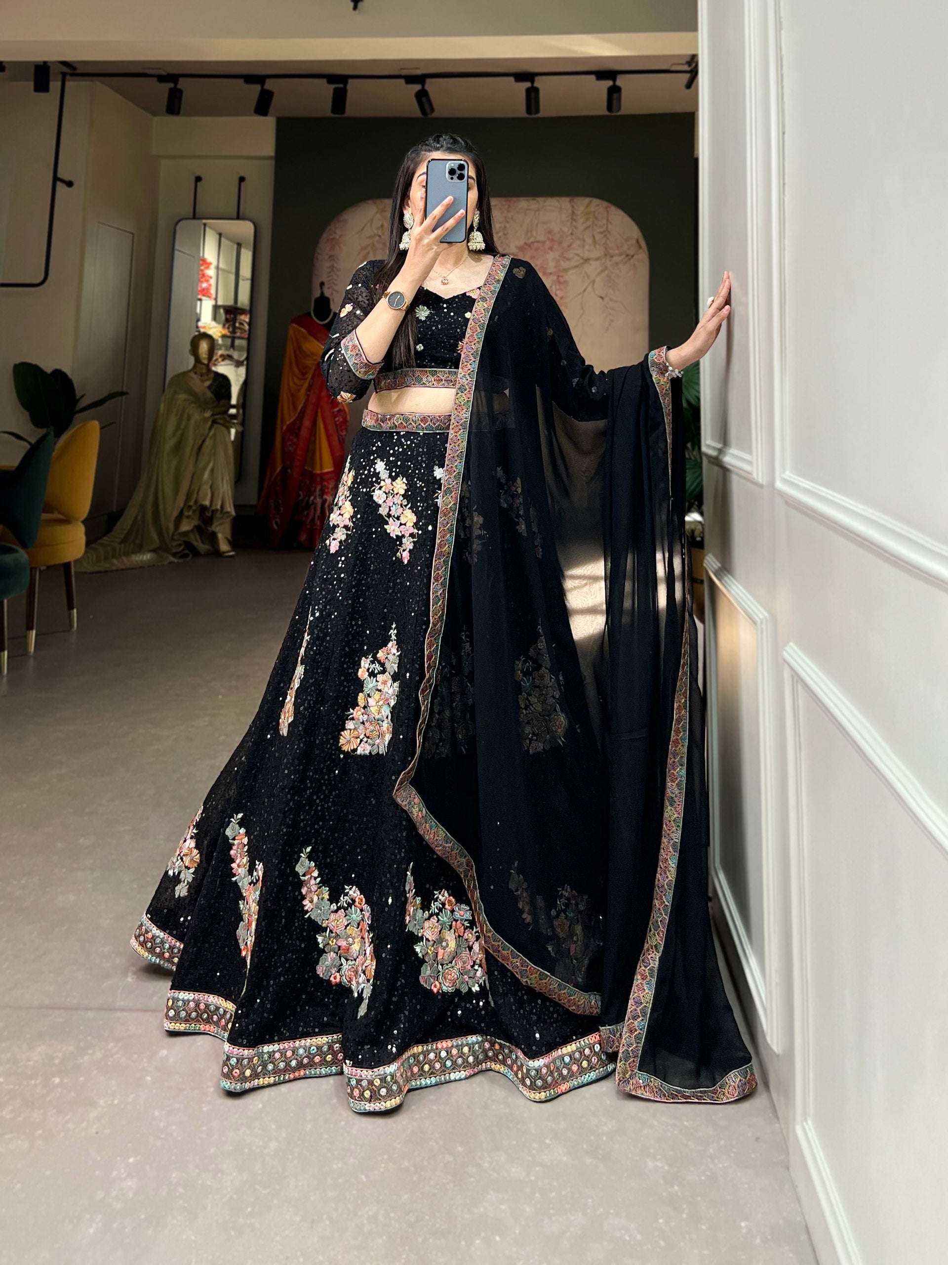Black Sequined Splendor: Bridal Lehenga Choli Set in Exquisite Embroidery