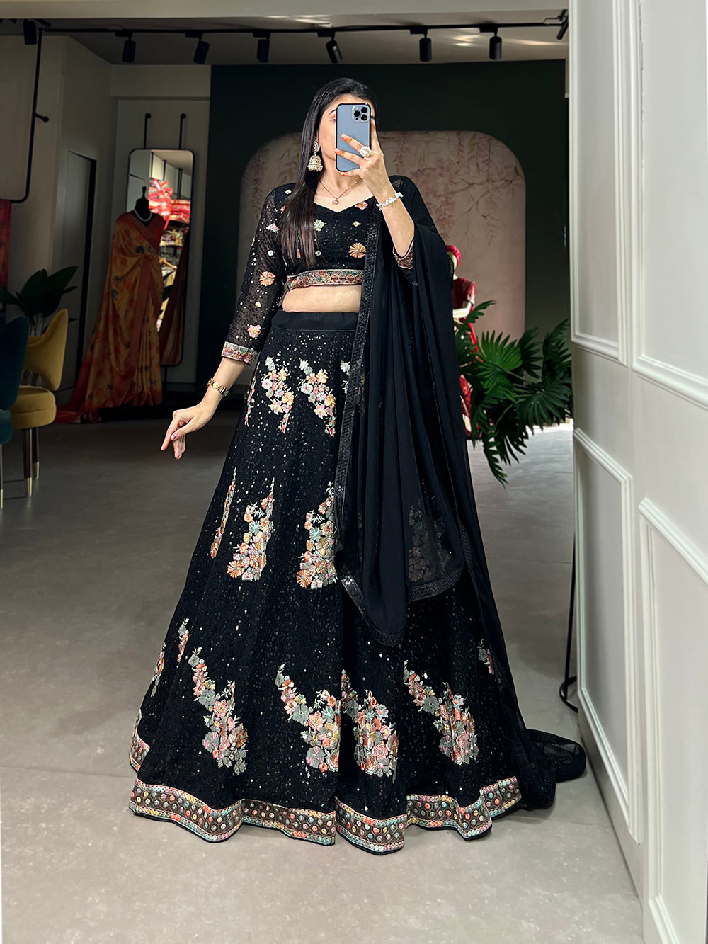 Black Sequined Splendor: Bridal Lehenga Choli Set in Exquisite Embroidery