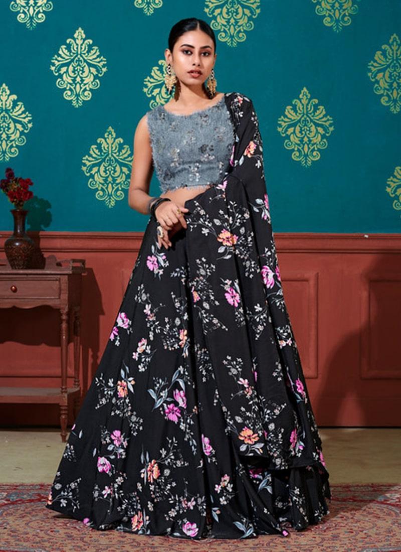 Black Color Silk Fabric Printed Crop Top Lehenga With Dupatta