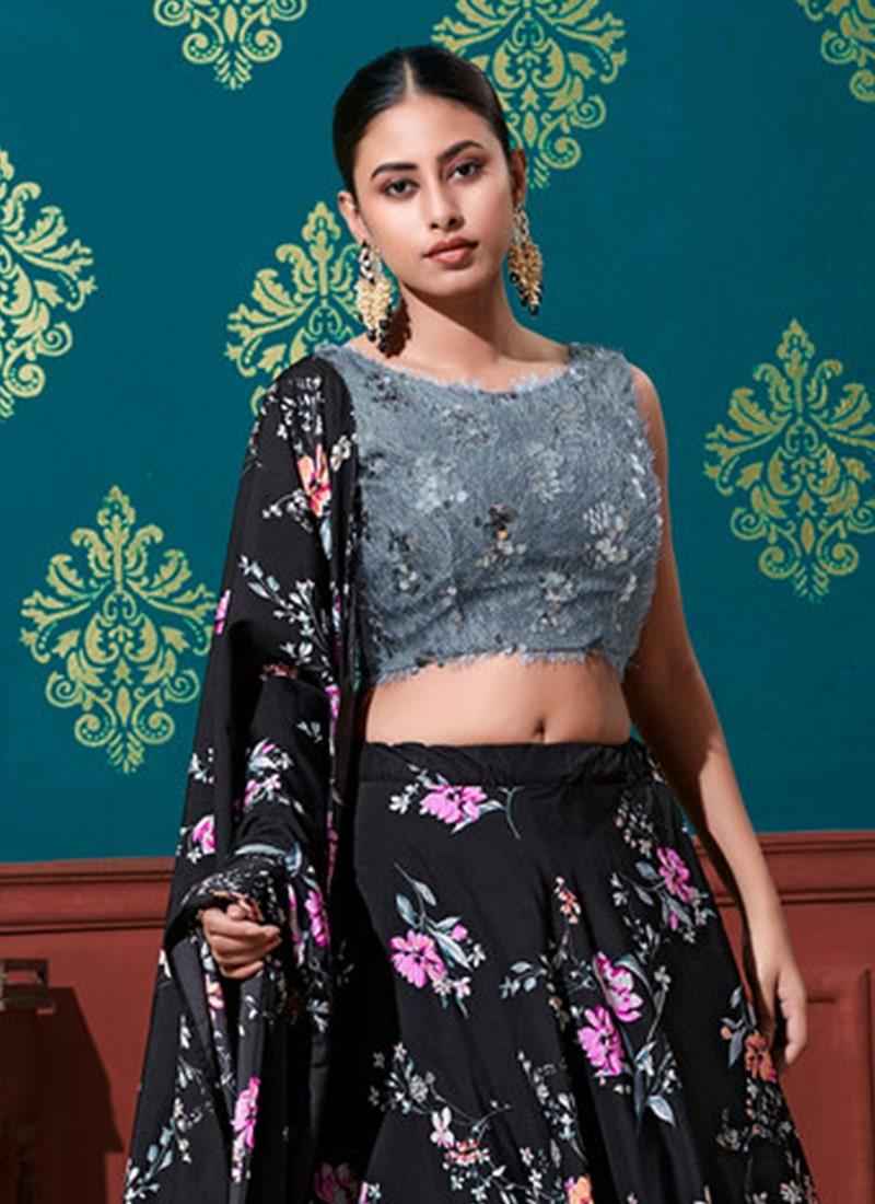 Black Color Silk Fabric Printed Crop Top Lehenga With Dupatta