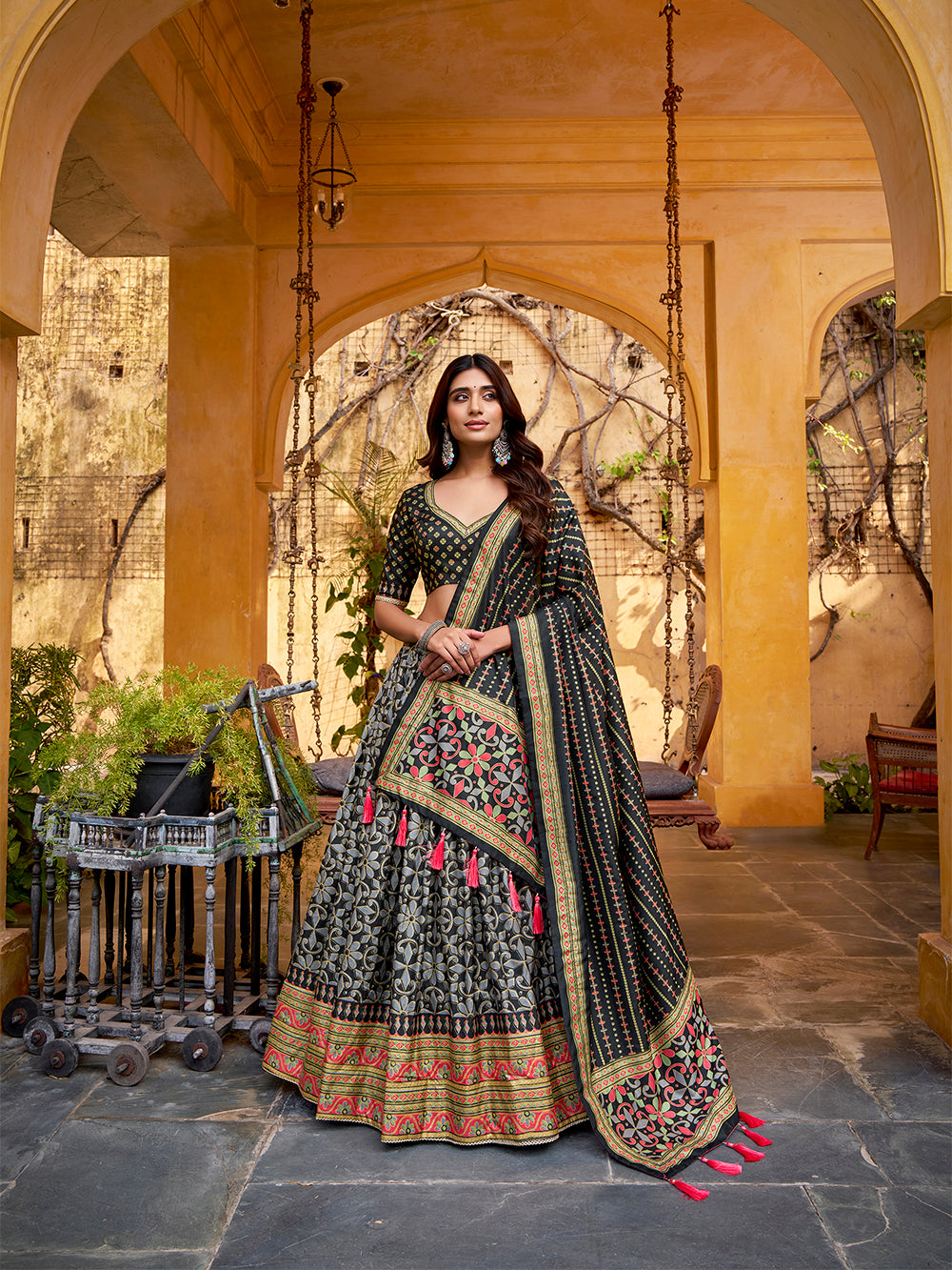 Black color tasar silk lehenga