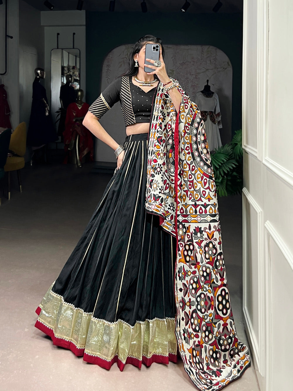 Black color zari weaving work with embossed design chanderi lehenga choli