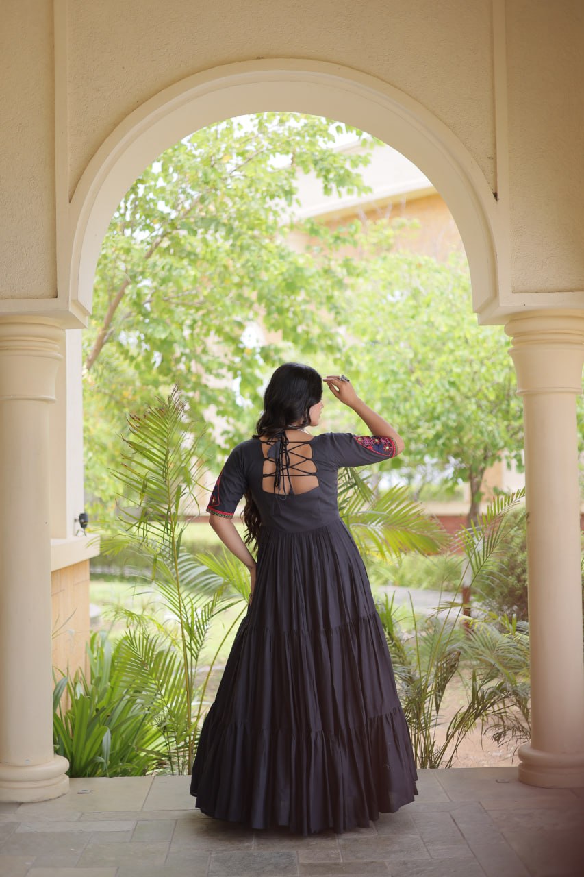 Black Cotton Gown with Real Mirror Work