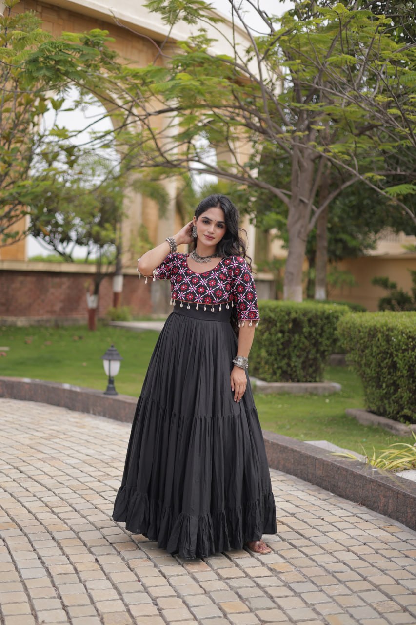 Black Cotton Gown with Real Mirror Work