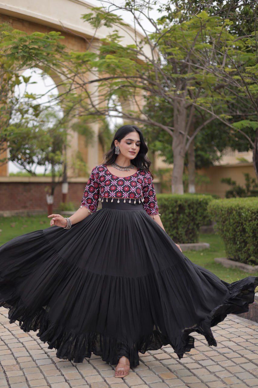 Black Cotton Gown with Real Mirror Work