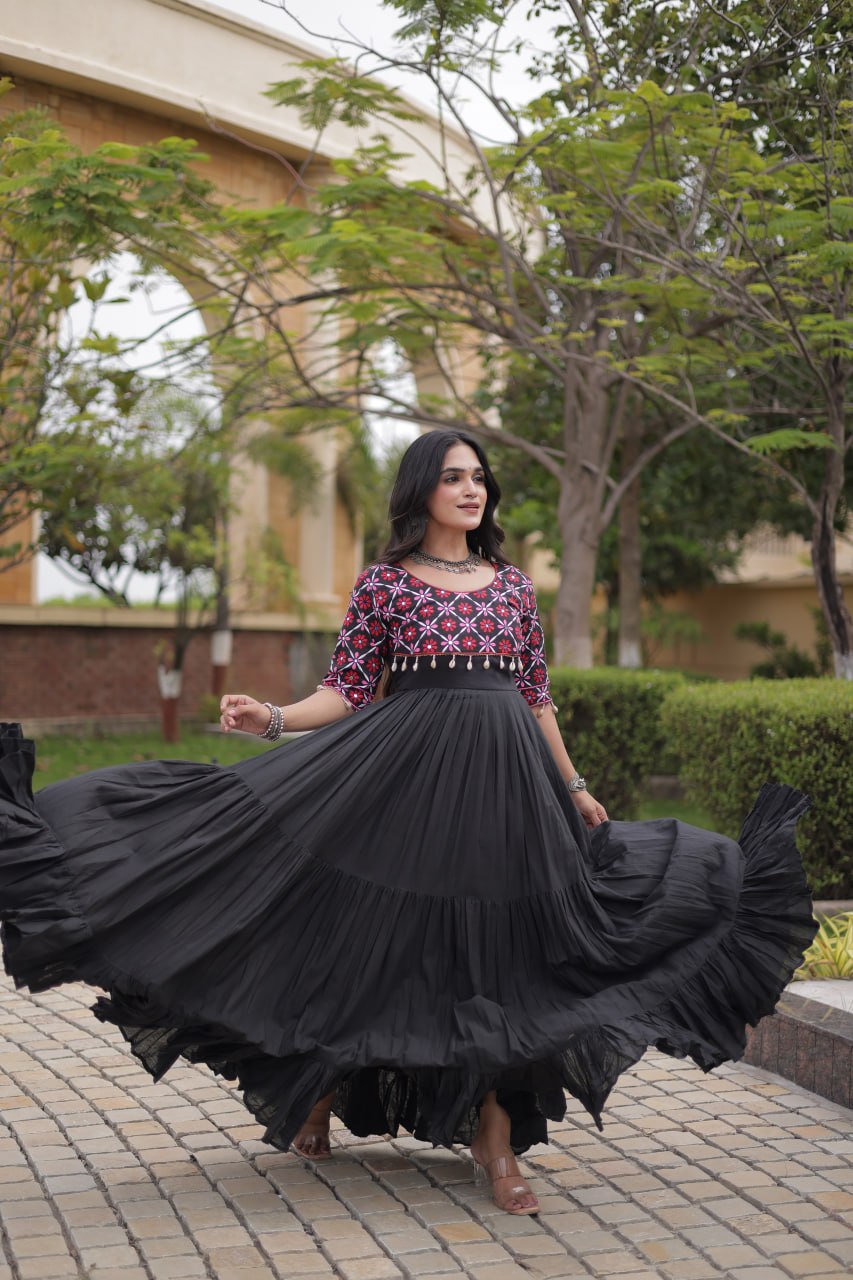 Black Cotton Gown with Real Mirror Work