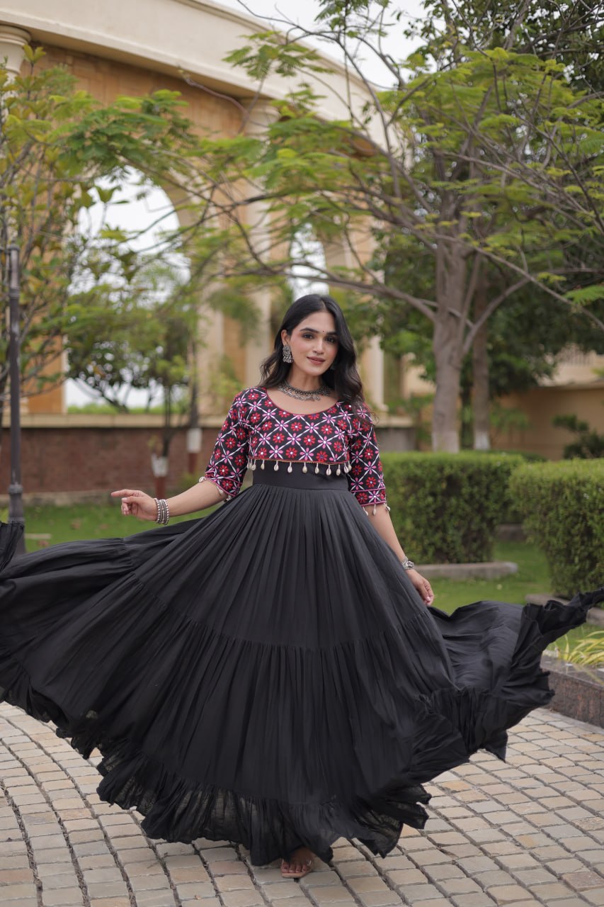 Black Cotton Gown with Real Mirror Work