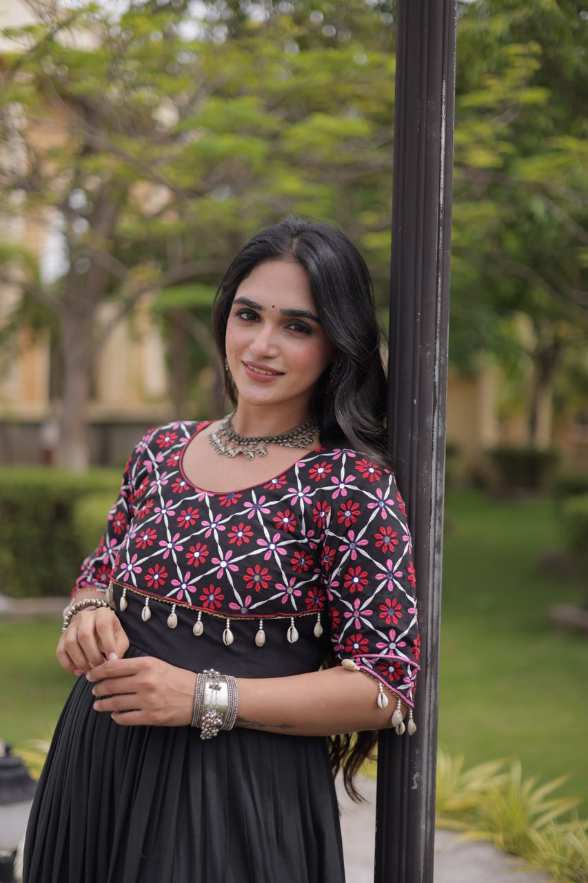 Black Cotton Gown with Real Mirror Work