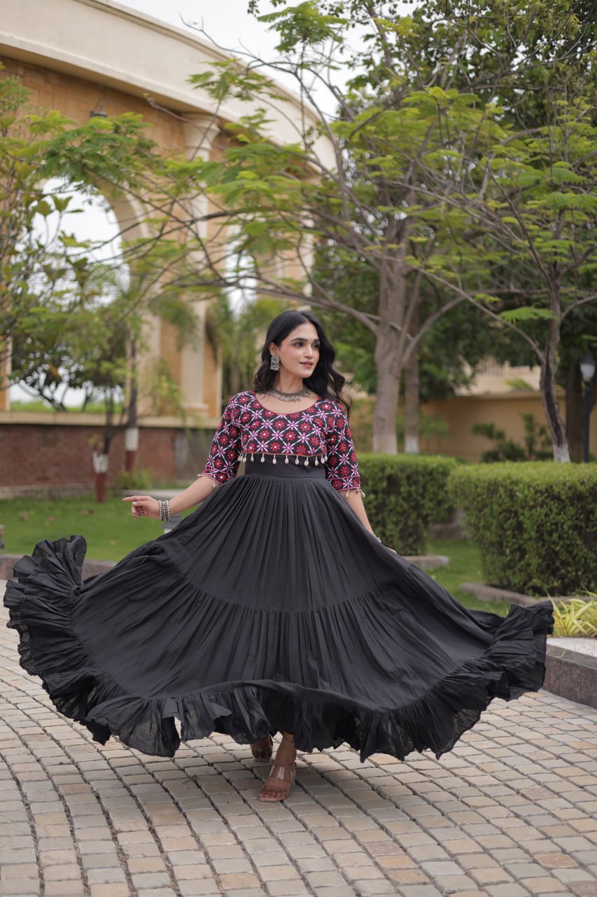 Black Cotton Gown with Real Mirror Work