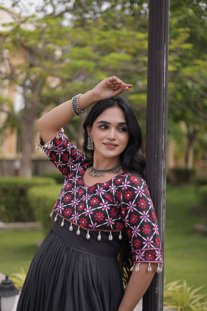 Black Cotton Gown with Real Mirror Work