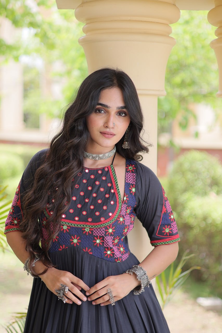 Black Cotton Gown with Real Mirror Work