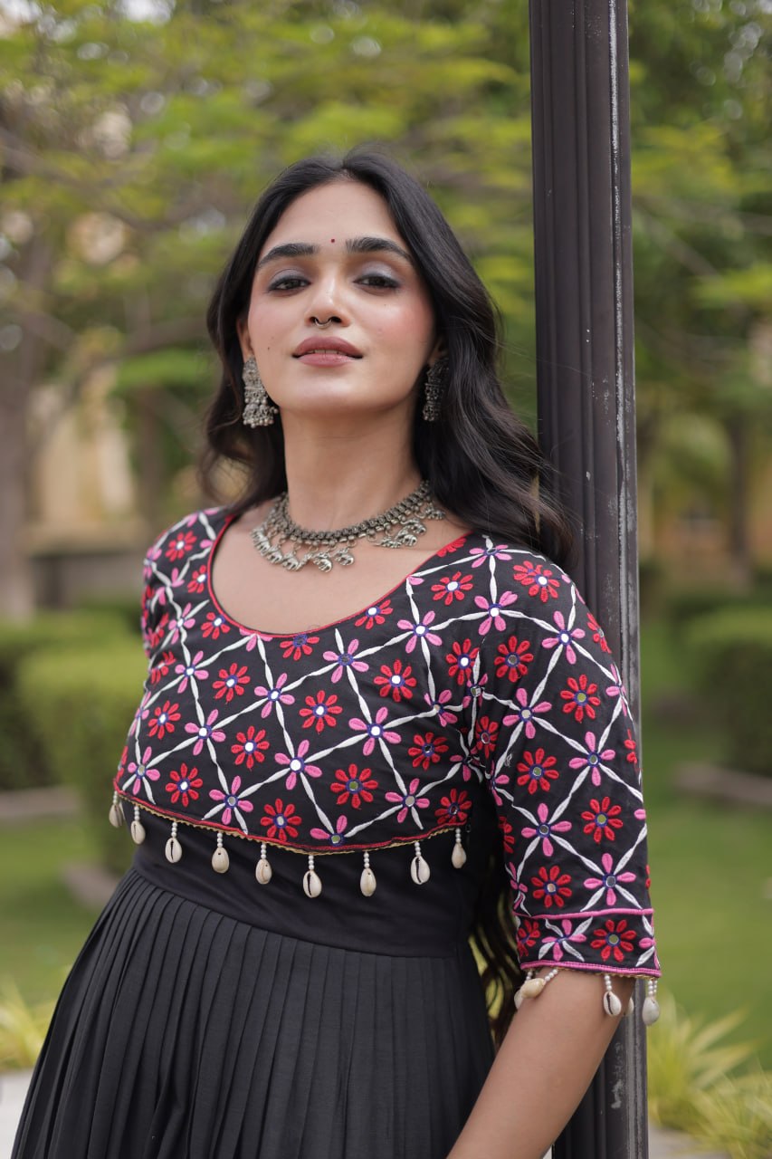 Black Cotton Gown with Real Mirror Work