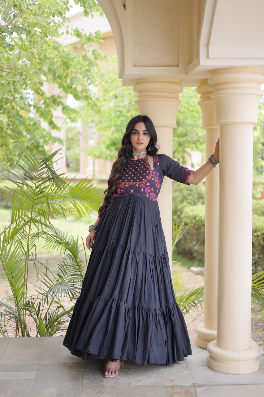 Black Cotton Gown with Real Mirror Work