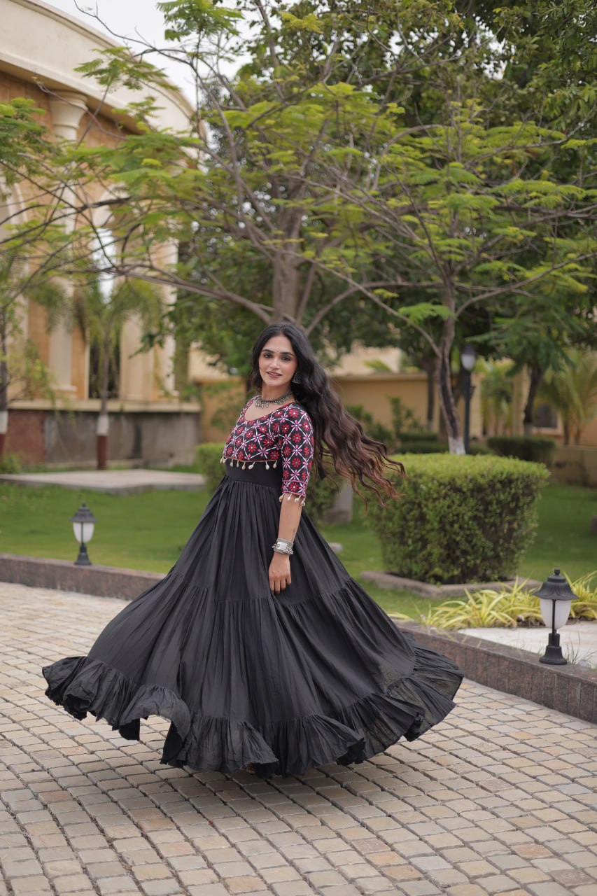 Black Cotton Gown with Real Mirror Work