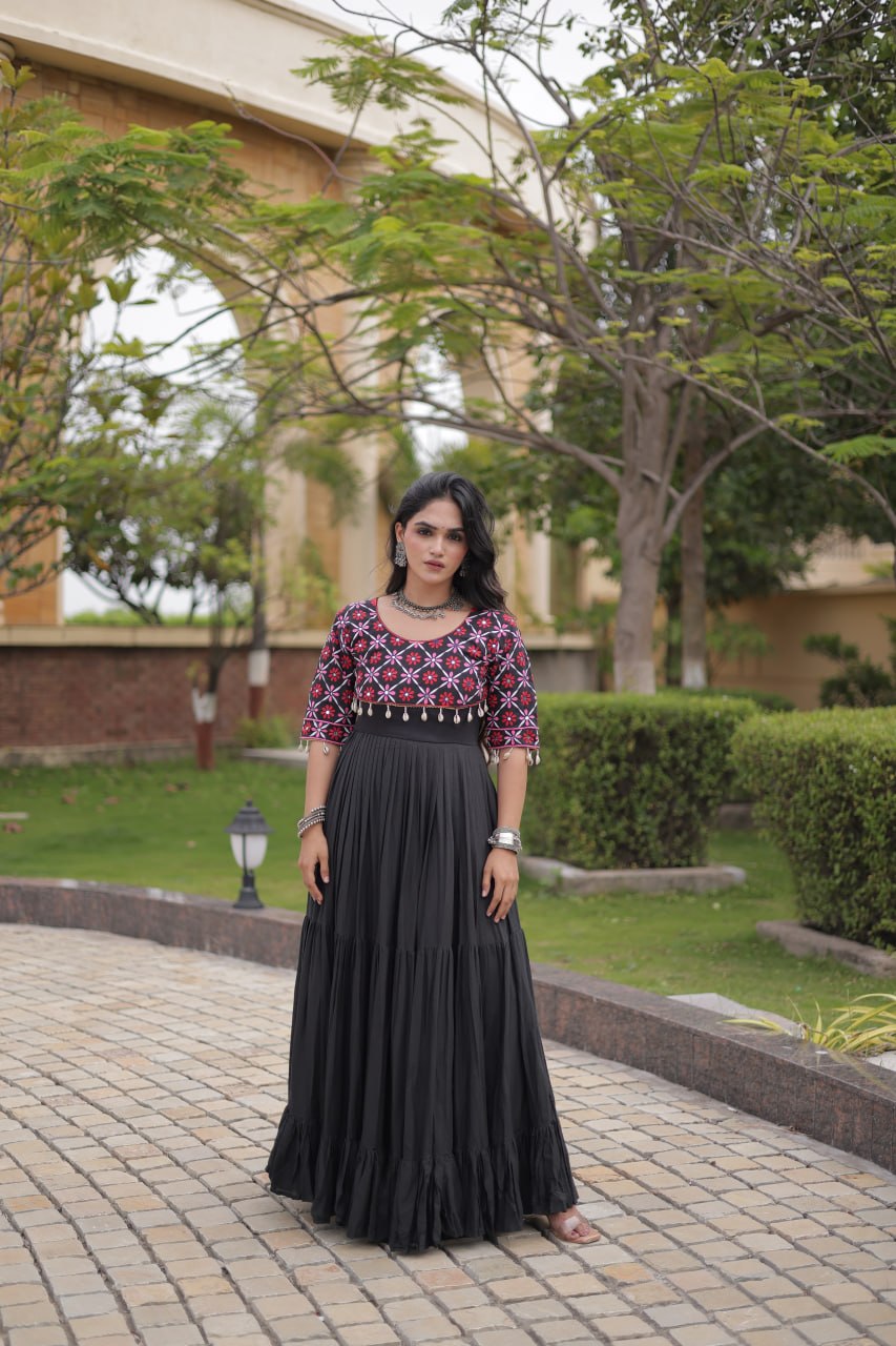 Black Cotton Gown with Real Mirror Work