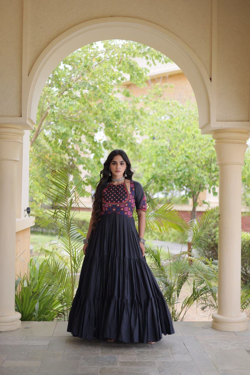 Black Cotton Gown with Real Mirror Work