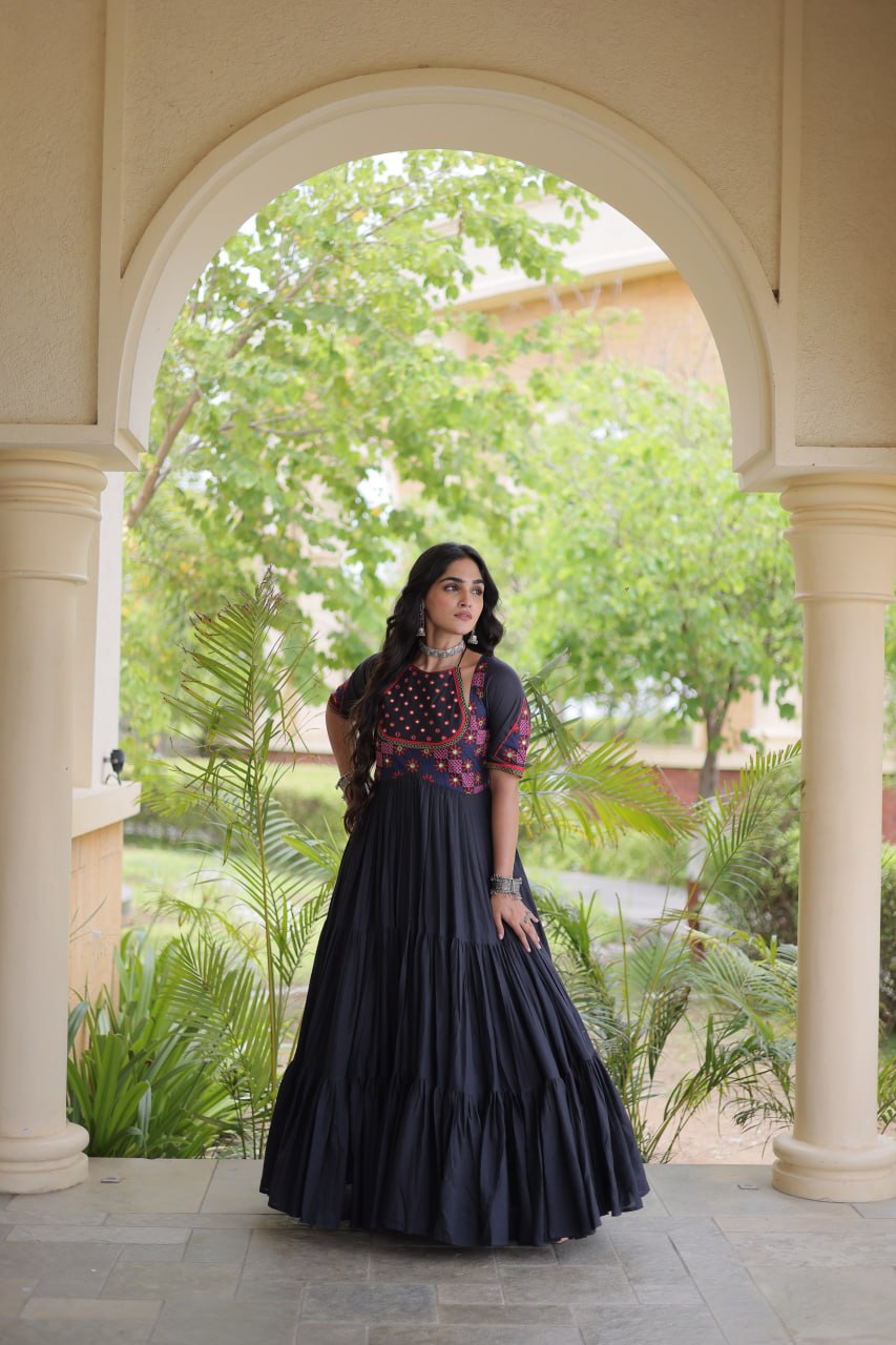 Black Cotton Gown with Real Mirror Work