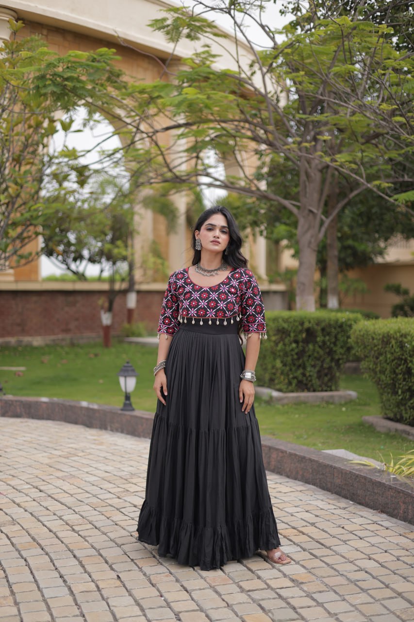 Black Cotton Gown with Real Mirror Work