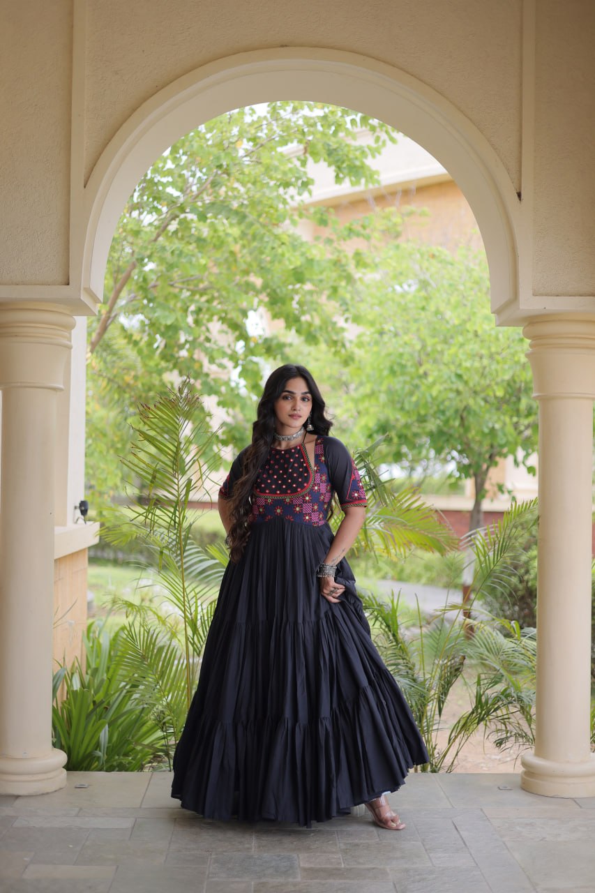Black Cotton Gown with Real Mirror Work