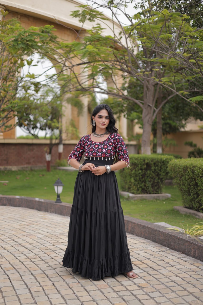 Black Cotton Gown with Real Mirror Work