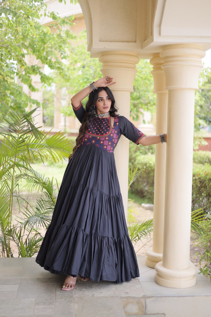 Black Cotton Gown with Real Mirror Work