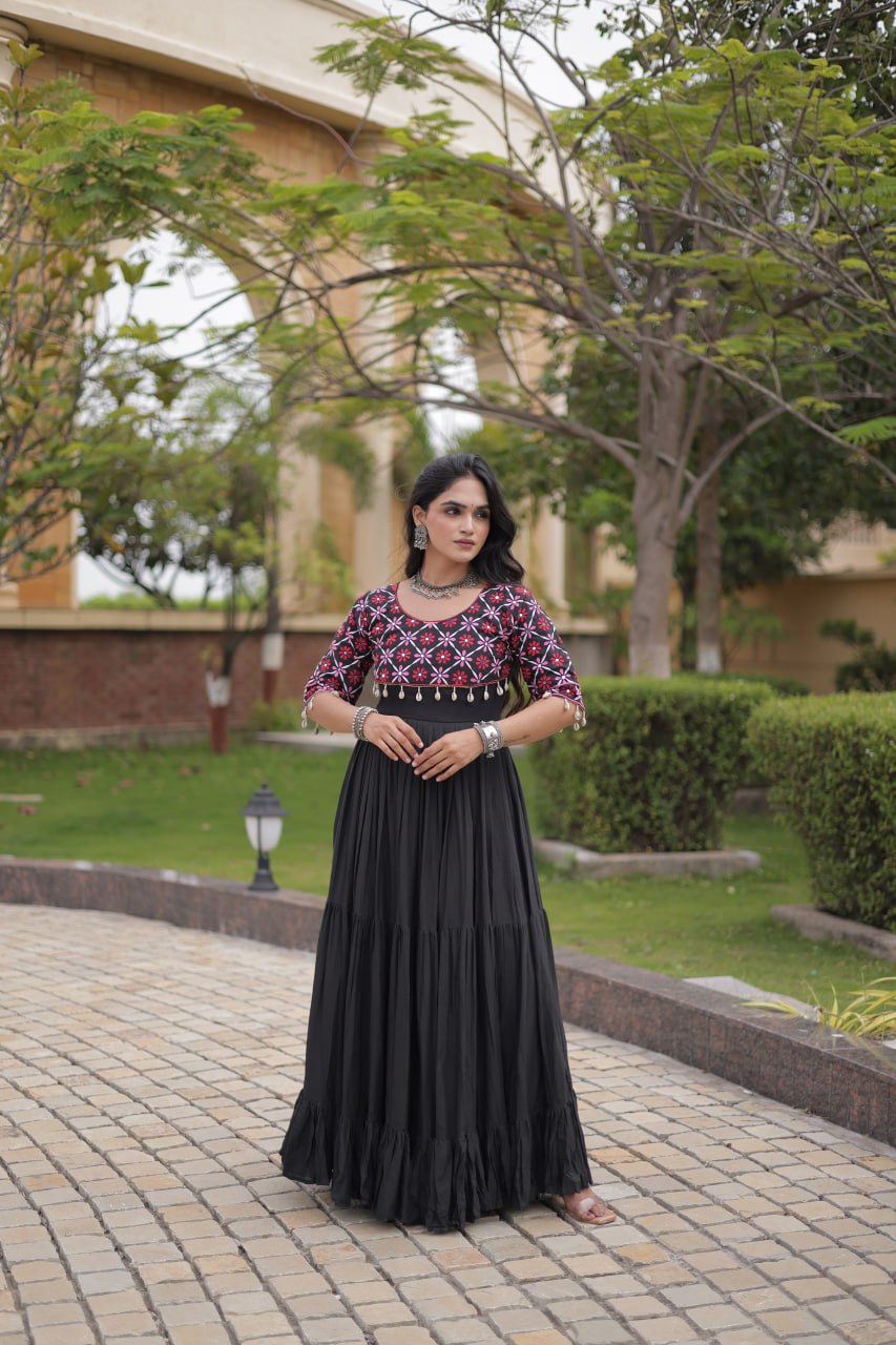 Black Cotton Gown with Real Mirror Work