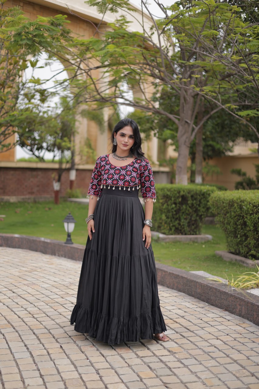 Black Cotton Gown with Real Mirror Work