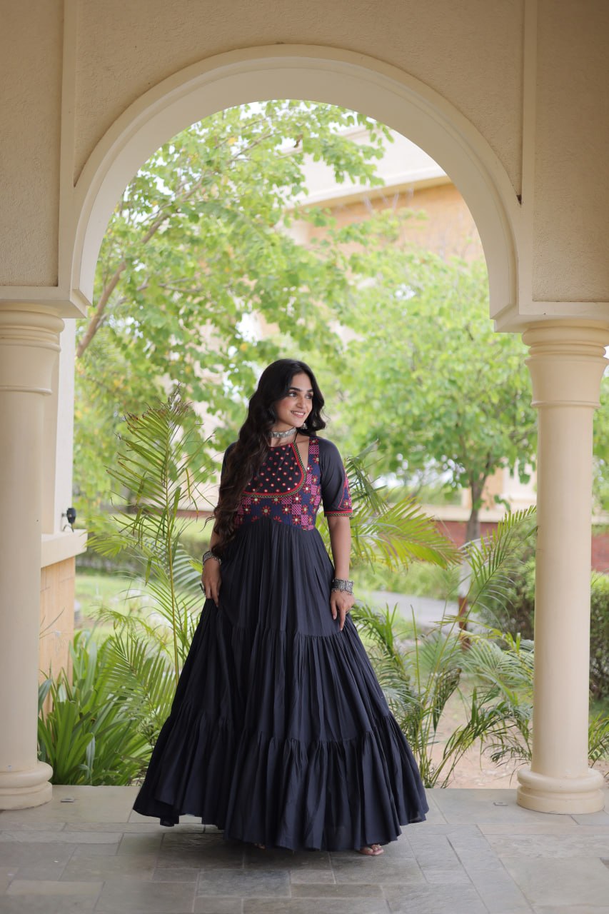 Black Cotton Gown with Real Mirror Work