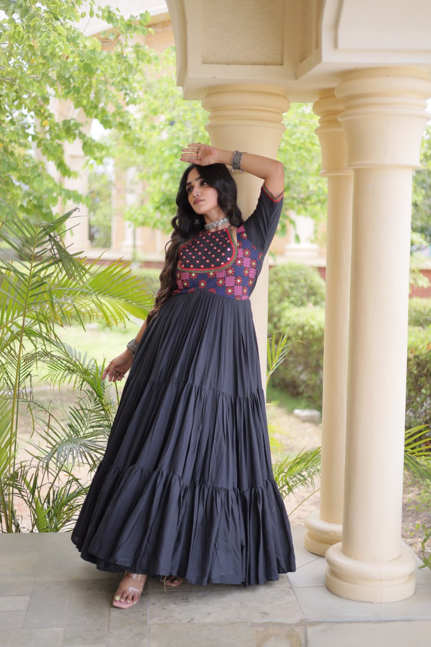 Black Cotton Gown with Real Mirror Work