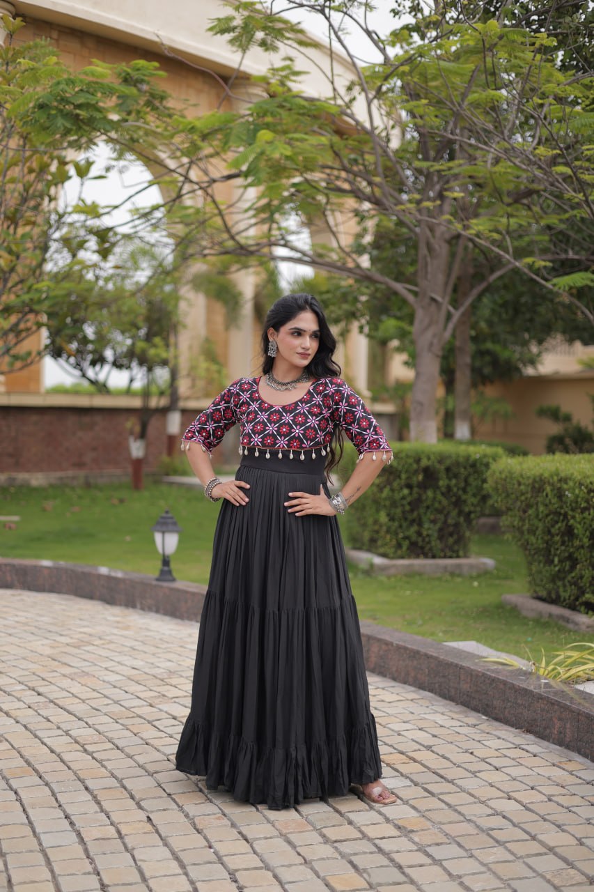 Black Cotton Gown with Real Mirror Work