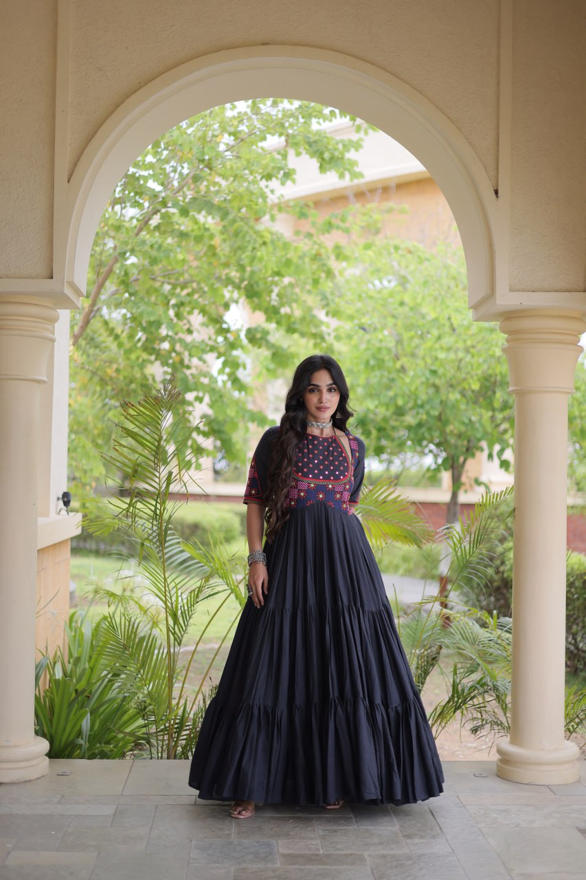 Black Cotton Gown with Real Mirror Work