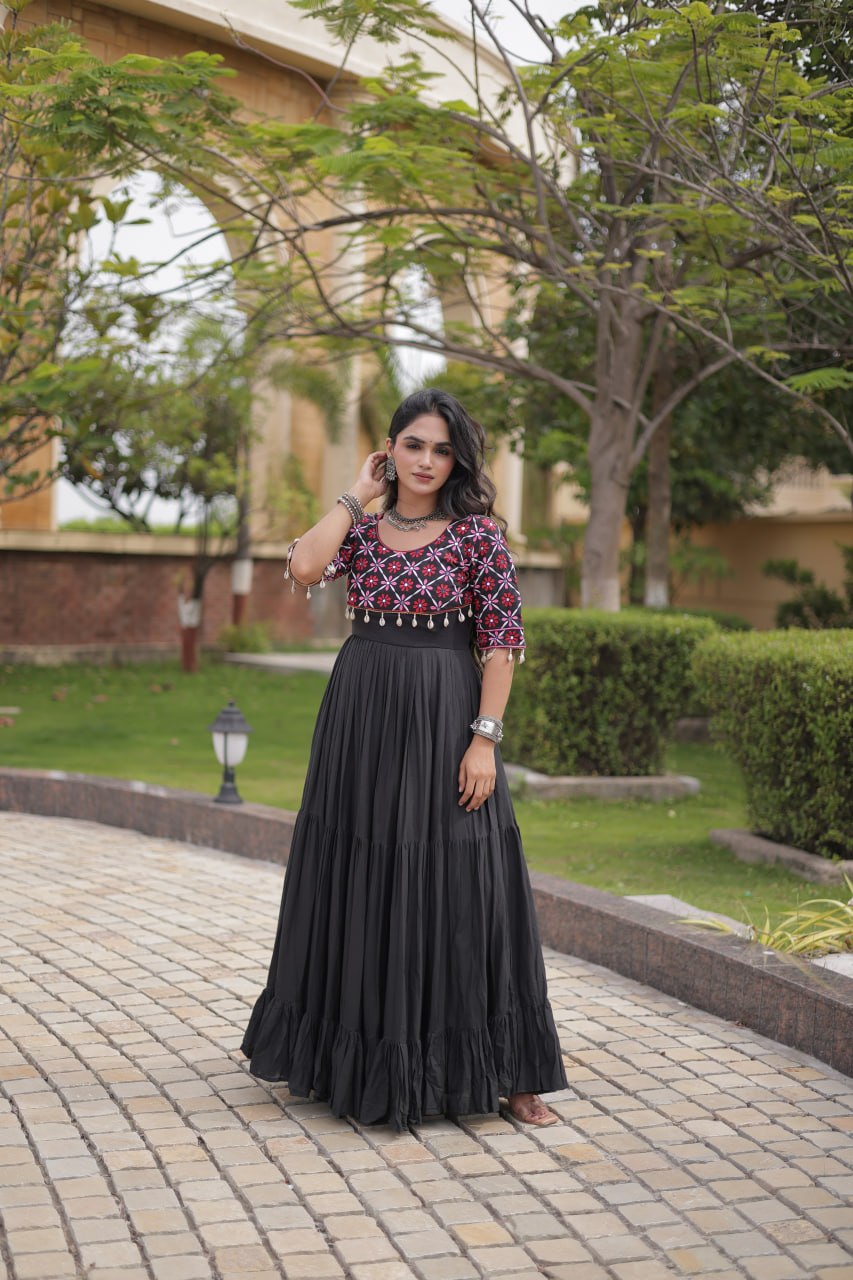 Black Cotton Gown with Real Mirror Work