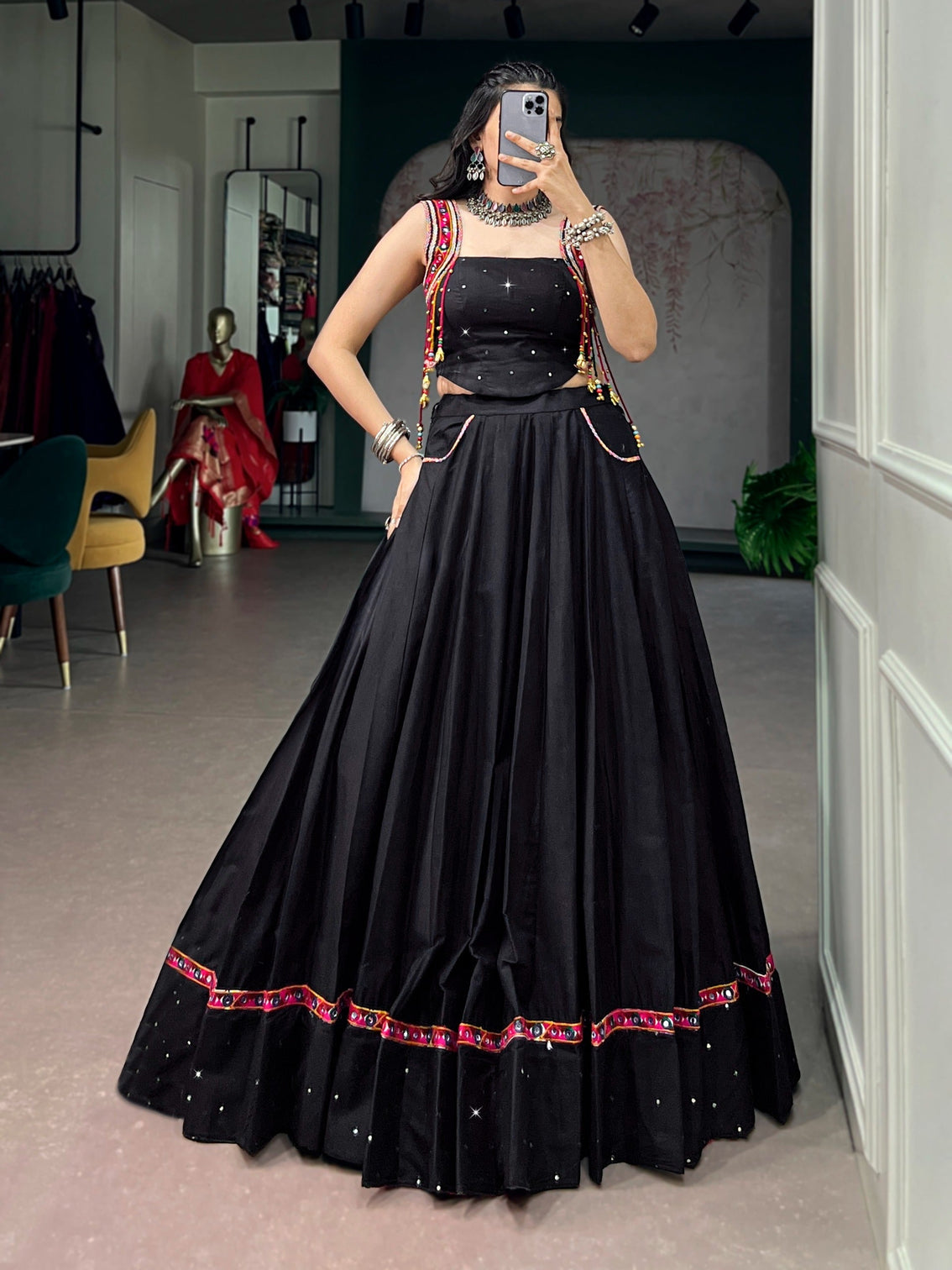 Black Cotton Kutchi Mirror Work Lehenga
