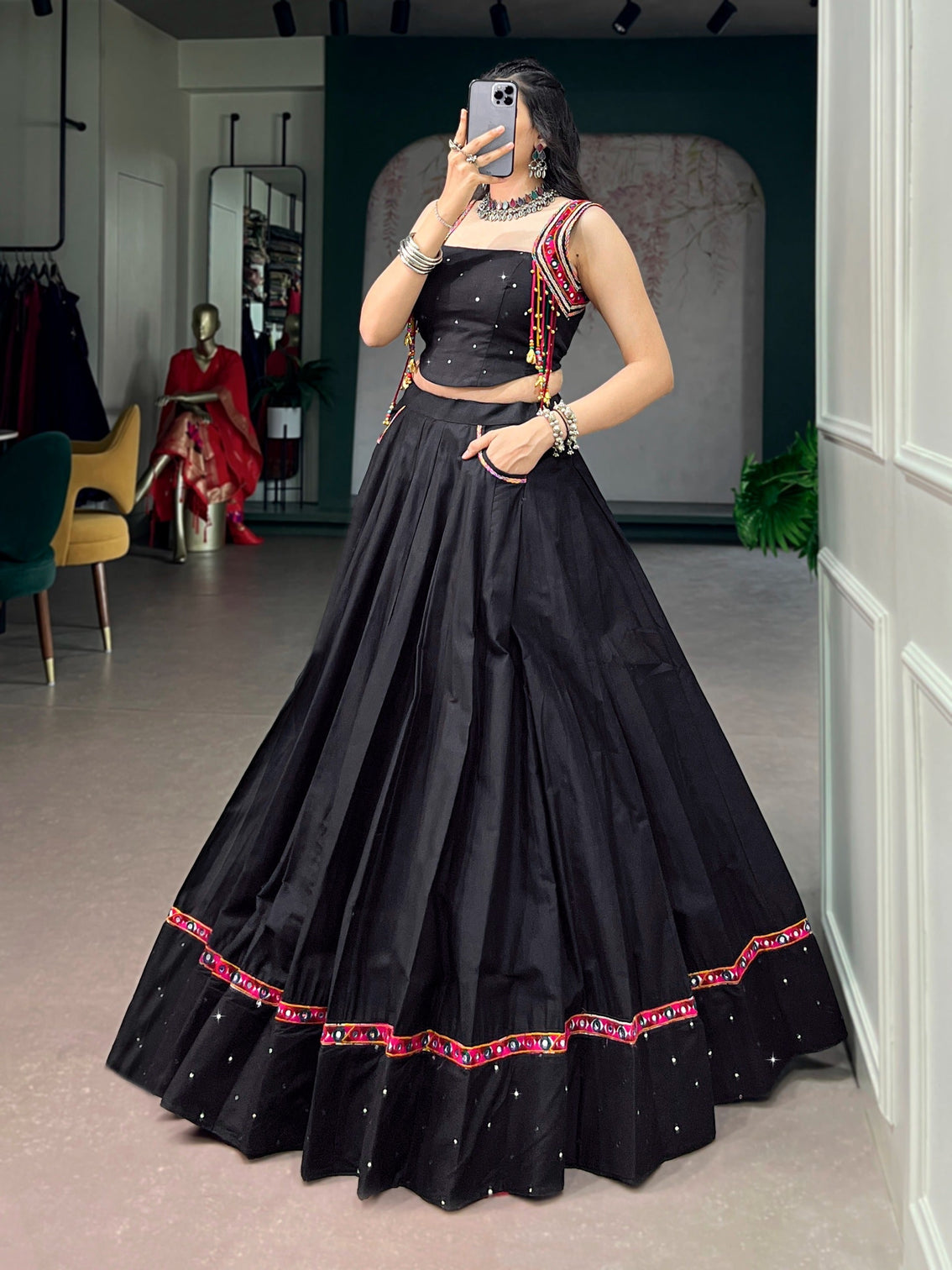 Black Cotton Kutchi Mirror Work Lehenga