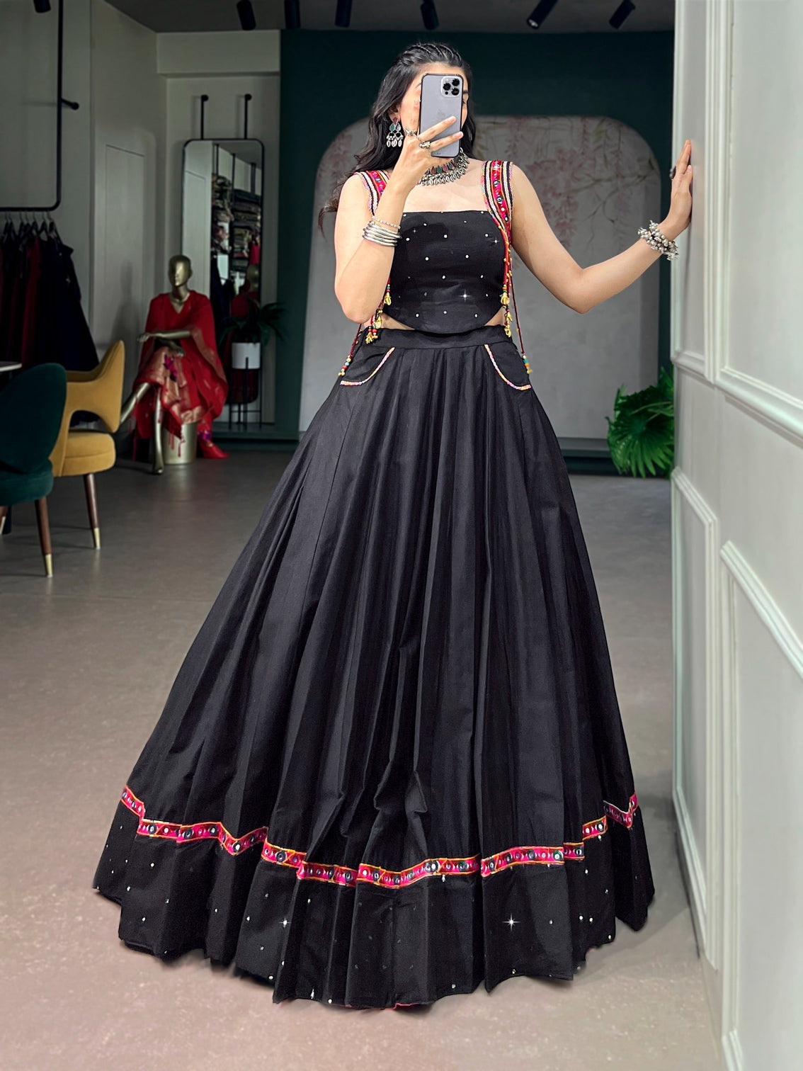 Black Cotton Kutchi Mirror Work Lehenga